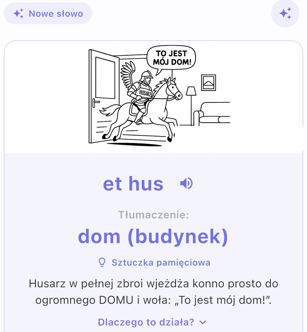 Fiszka w Dialecto: norweskie „et hus", tłumaczenie „dom (budynek)" i mnemotechnika z husarzem wjeżdżającym konno do domu