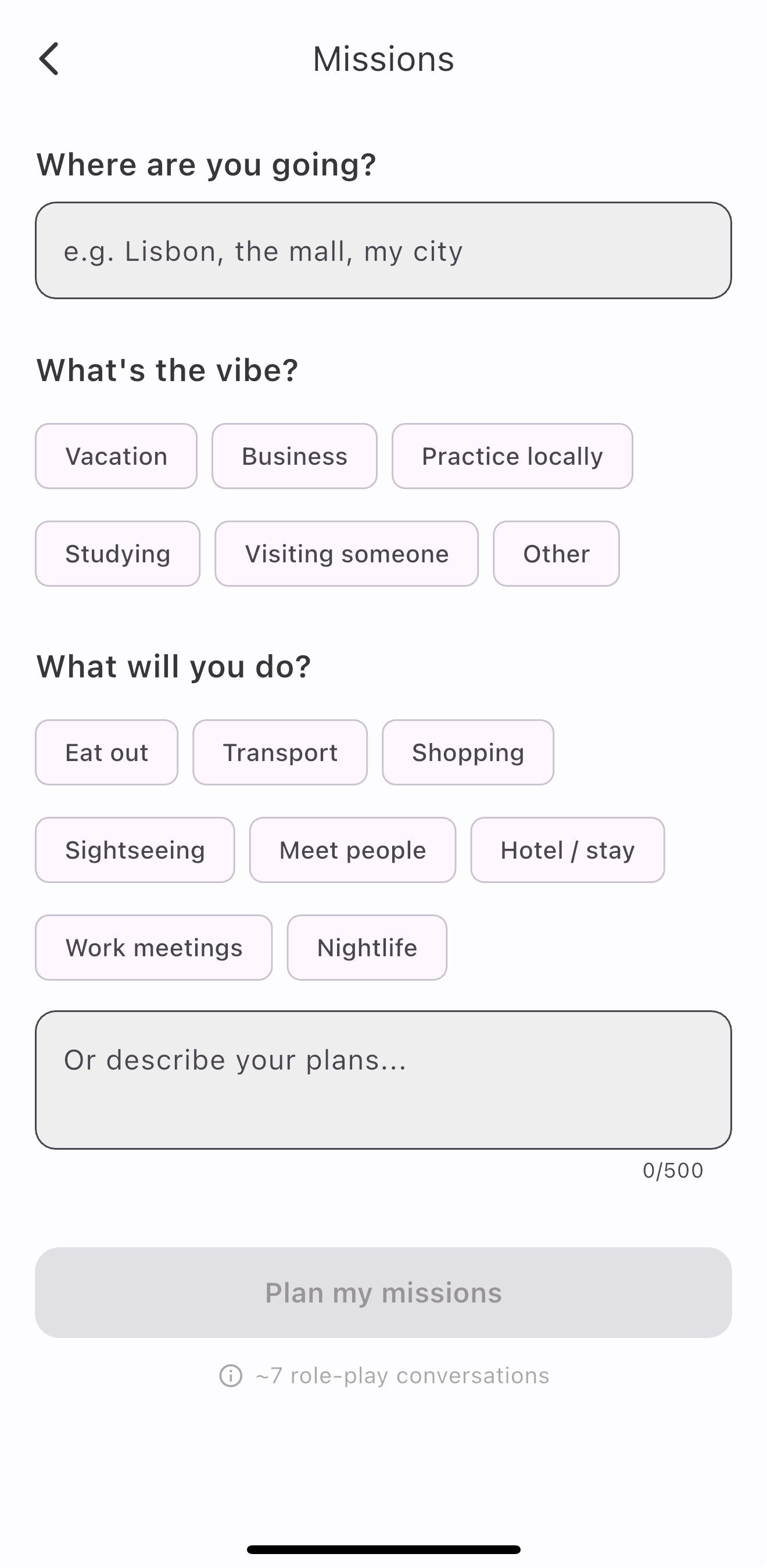 Dialecto trip missions — practice conversations for your travel plans