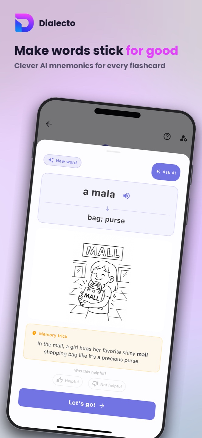 Dialecto flashcard app teaching vocabulary with a mnemonic memory trick