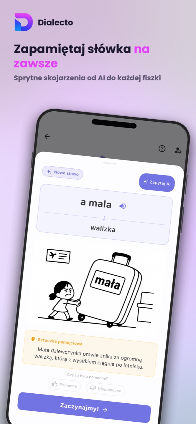Fiszka Dialecto z mnemotechniką — zapamiętaj słówka na zawsze